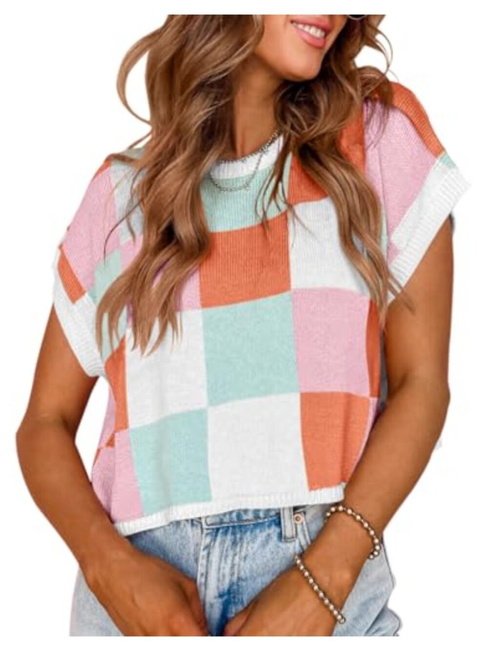 Womens Cap Sleeve Crop Top Summer Color Block Knit Sweater Pullover